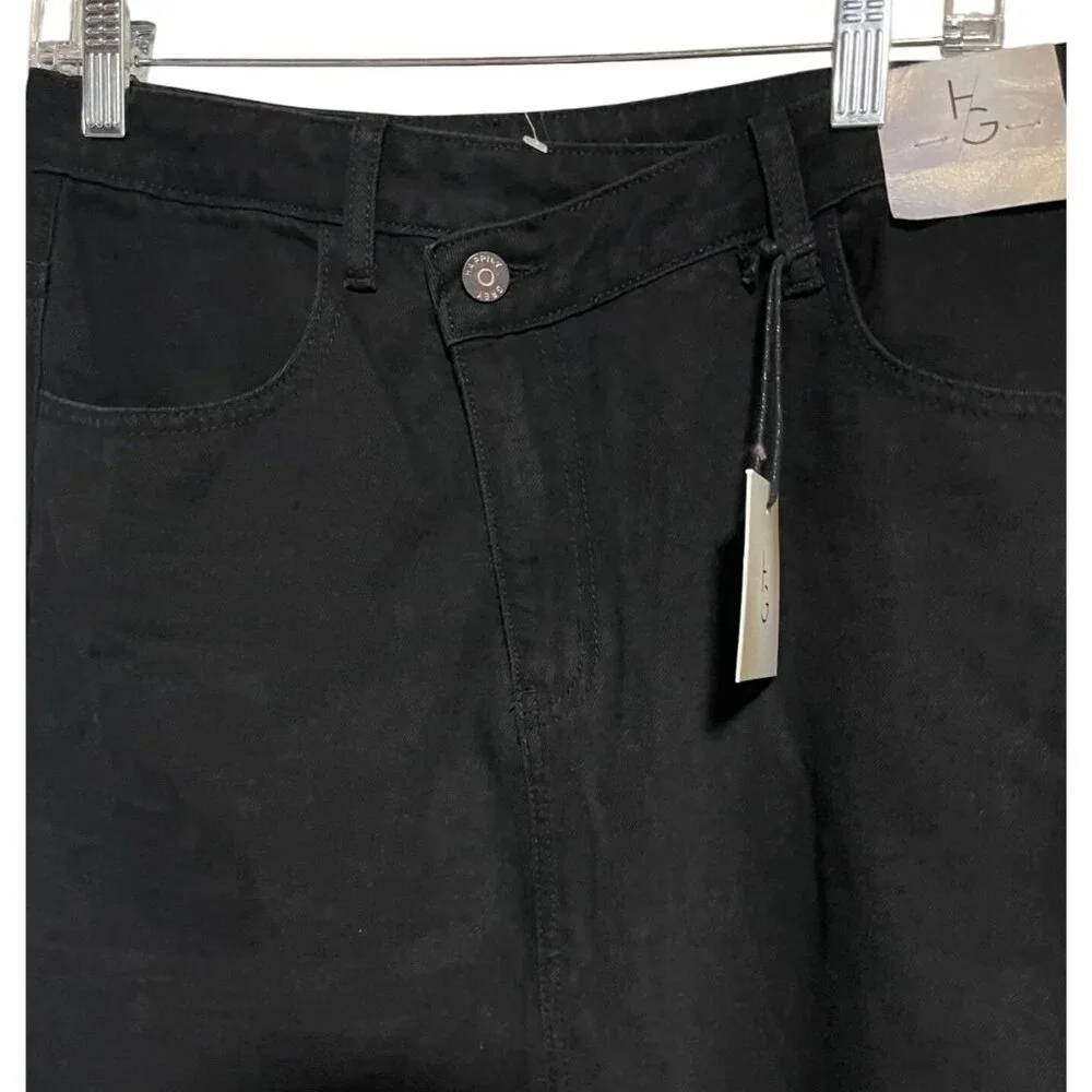 Happily Grey Black Midi Denim Skirt Size 11/29 Front Slit Assymetrical Waist